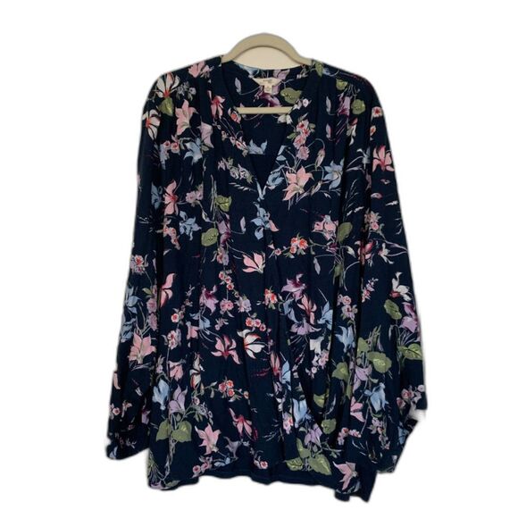 terra & sky Women Top 4X Blue Floral Mixed Media Faux Wrap Relaxed Comfort - Picture 1 of 9